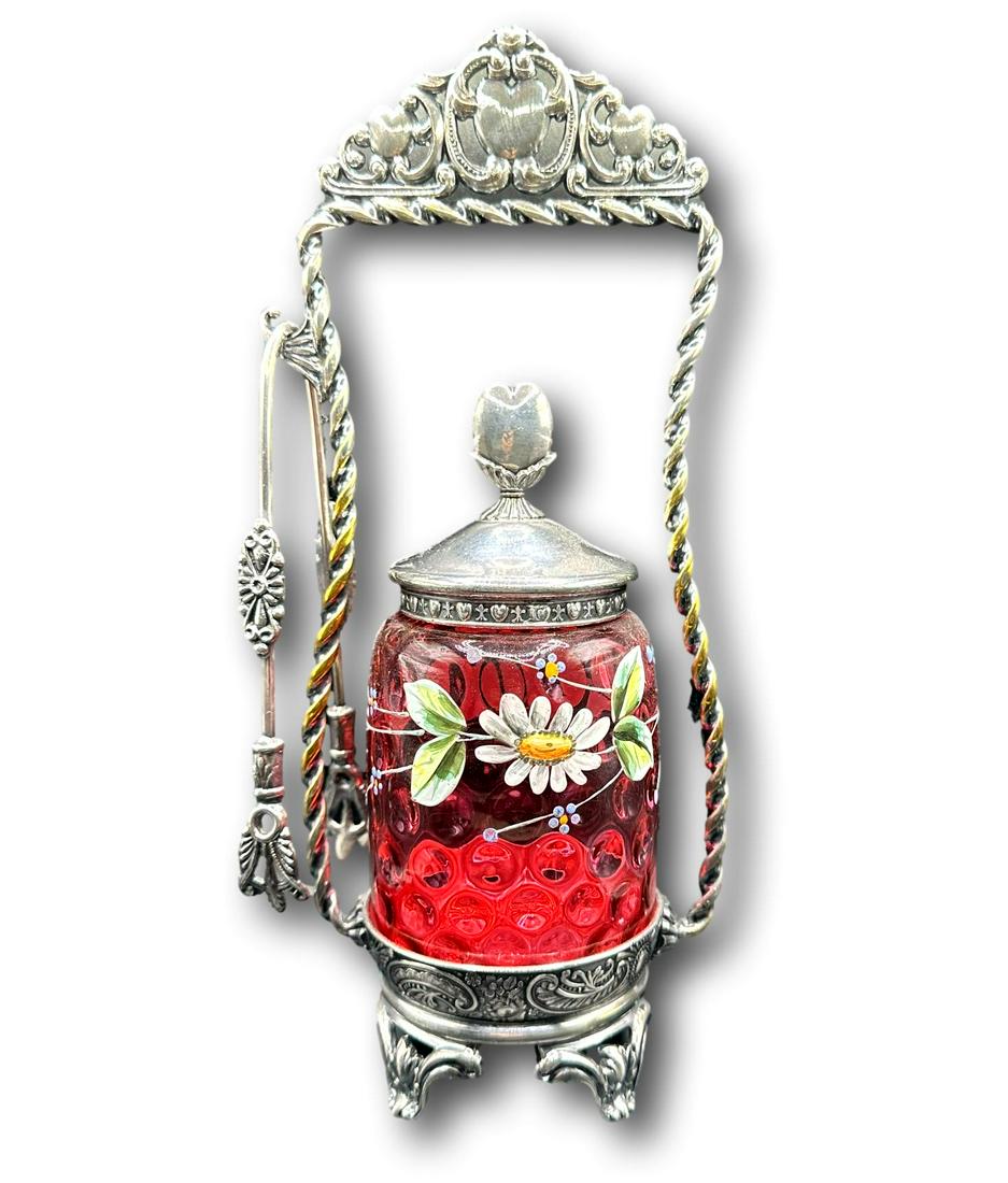 Victorian Cranberry Enamel Silverplate Pickle Castor: See photos for condition details. Local pickup available in Glenview, IL. No In-House Shipping is available for this auction. Buyer's must make their own shipping arrangements through LiveAuctioneer's