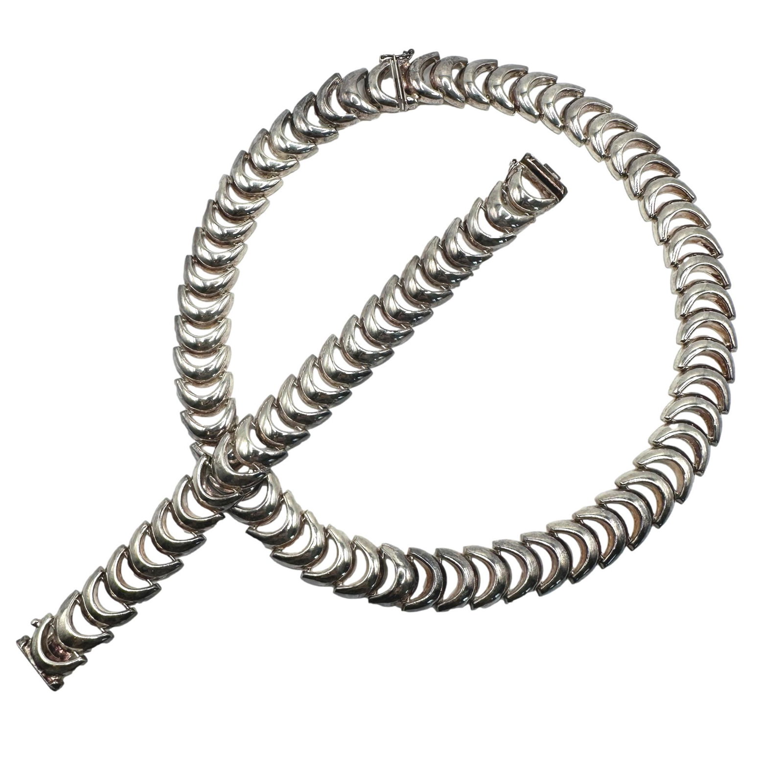 Italian Modernist Sterling Silver Choker and Bracelet: Necklace weighs 53.3 grams with an inside diameter of 5". Bracelet weighs 21.7 grams and measures 7 1/4" from end to end. See photos for condition details. All measurements are approximate. PICKUP AND