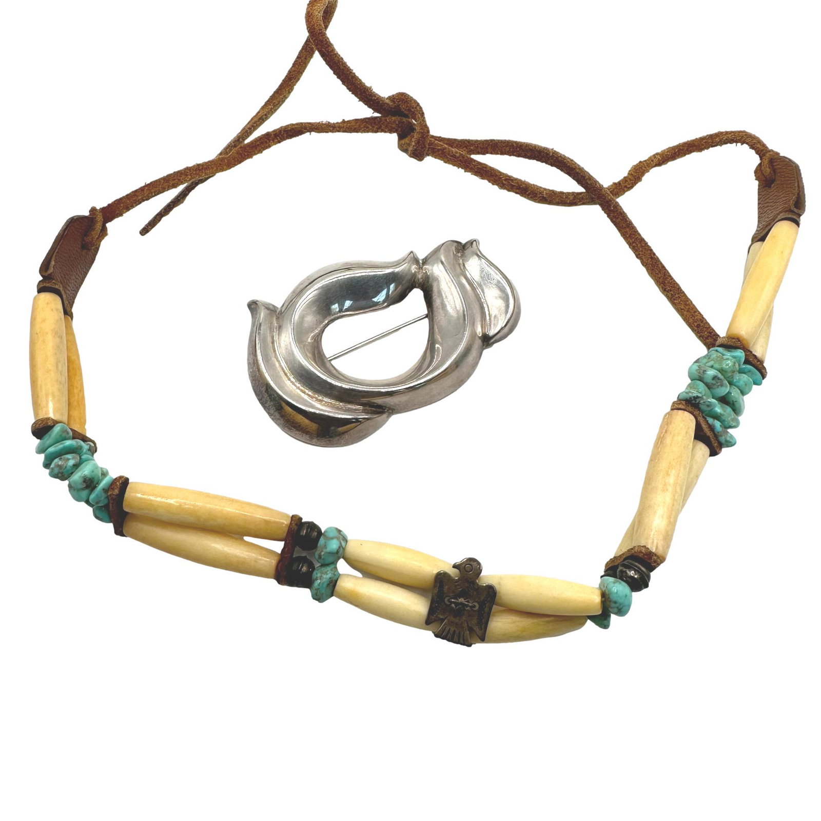 Native American Bone and Turquoise Eagle Choker with Bayanihans Sterling Brooch: Choker measures 32" from end to end. Brooch is marked 925 and signed Bayanihans. See photos for condition details. All measurements are approximate. PICKUP AND SHIPPING Local pickup is available in Gl