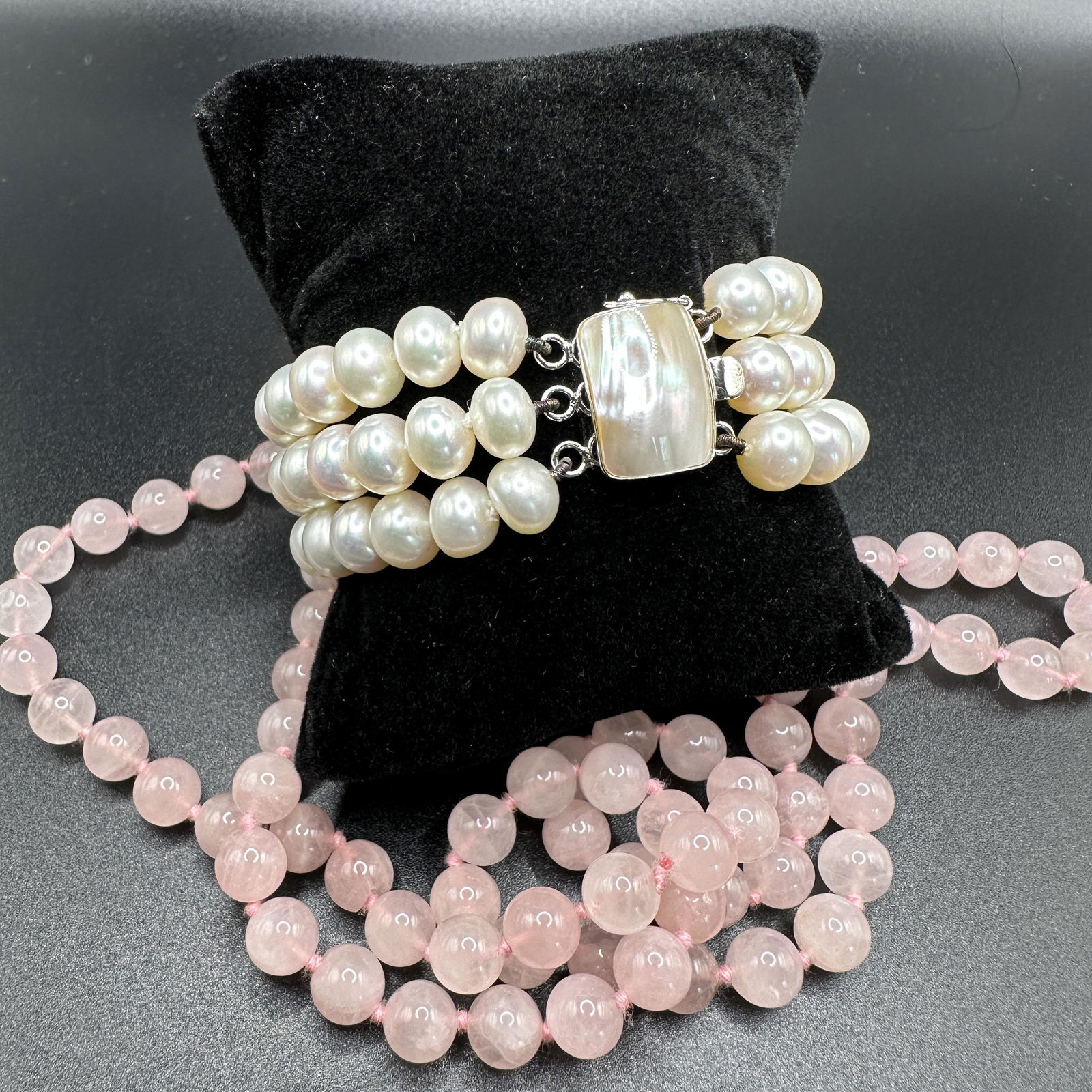 Genuine Multistrand Pearl Bracelet with Pink Beaded Necklace (1 of 8)