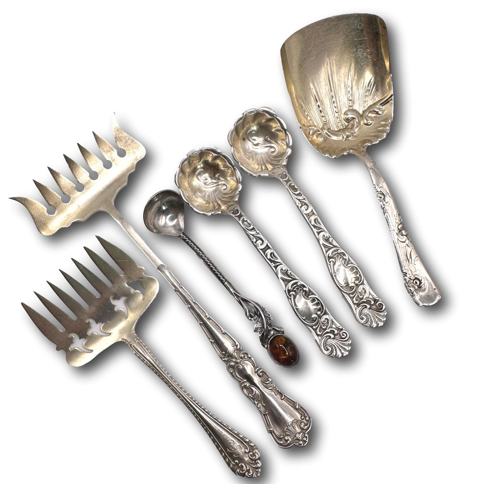 Antique Sterling Silver Sardine Serving Forks, Sugar Spoons & Scoop (1 of 11)
