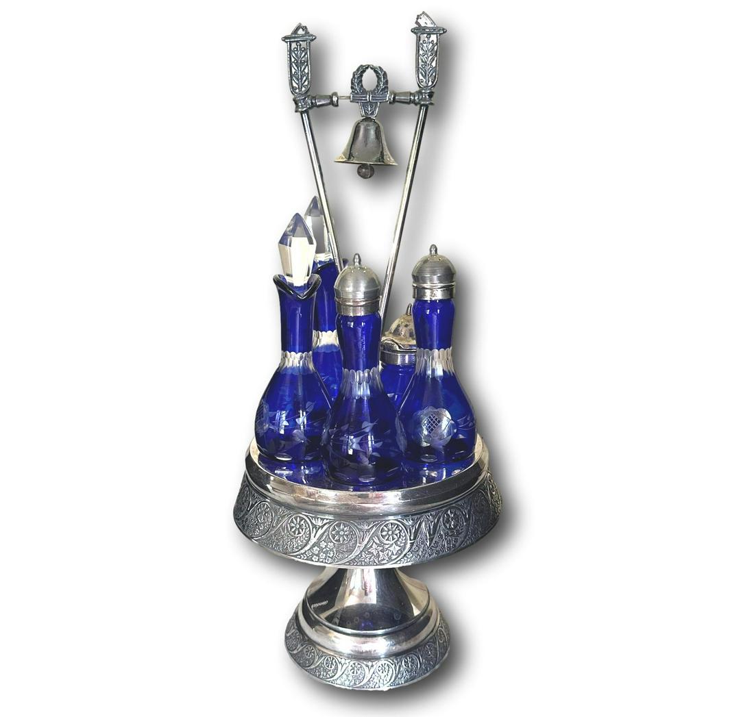 Quadruple Plate Victorian Cobalt Blue Cut to Clear Bohemian Art Glass Cruet Set (1 of 11)