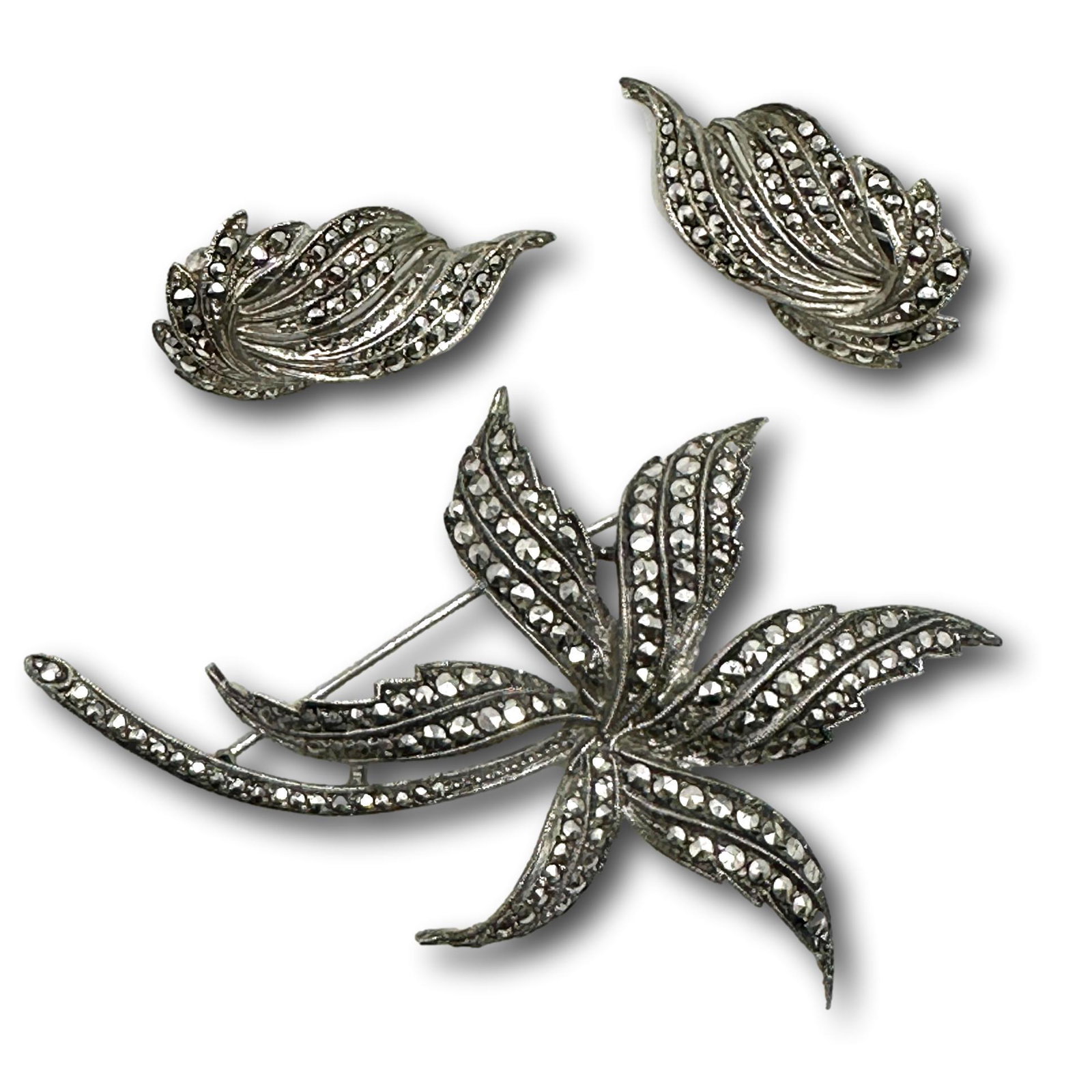 Vintage German Sterling Silver Marcasite Trio: Earring backs are metal. PICKUP AND SHIPPING Local pickup is available in Glenview, IL by appointment. The address will be provided on your invoice at checkout. In-House shipping is available for this