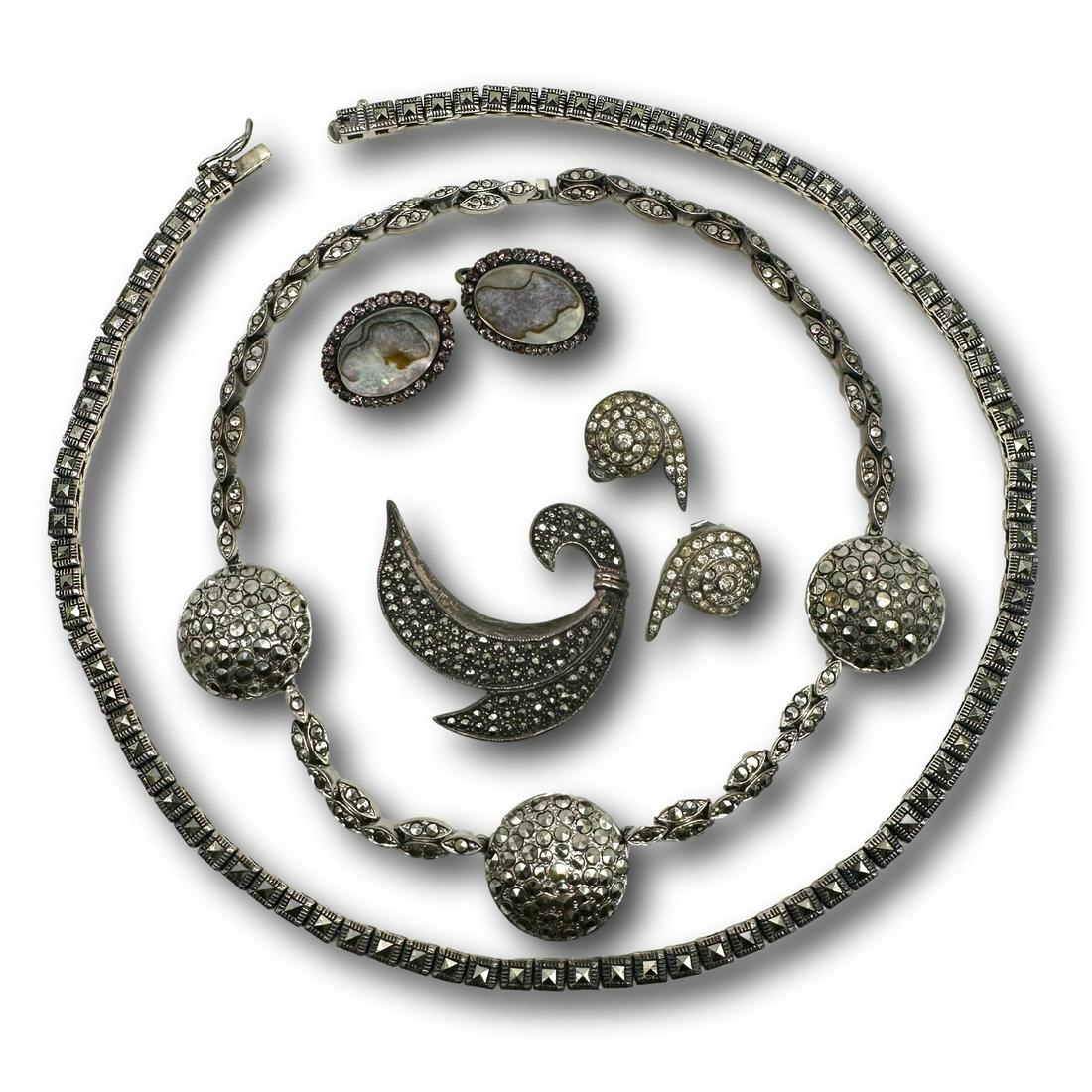 Vintage Sterling Silver and Marcasite Group Including Trifari and Liz Palacios: Outer necklace measures 17"L, inner necklace measures 13"L. PICKUP AND SHIPPING Local pickup is available in Glenview, IL by appointment. The address will be provided on your invoice at checkout. In-H