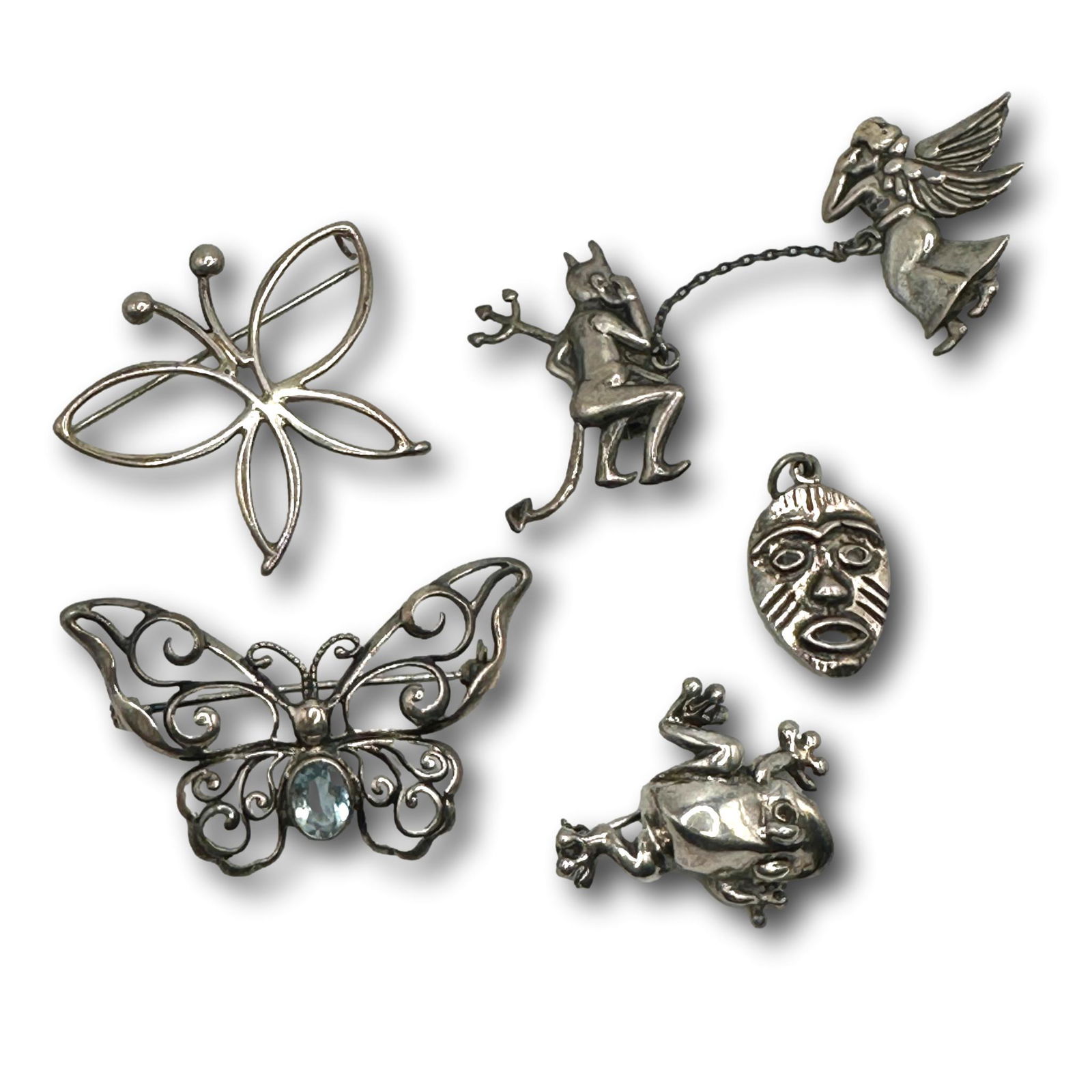 Figural Vintage Sterling Silver Devil Angel and Other Pins Brooches (1 of 12)