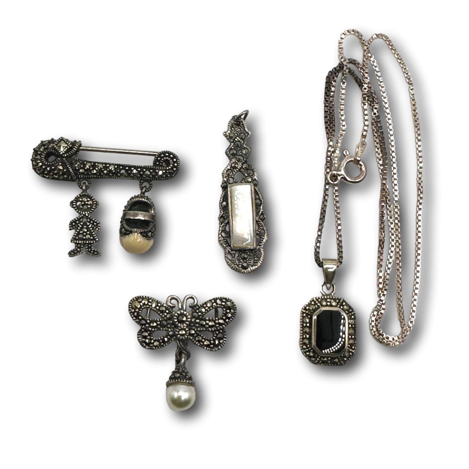 Sterling Silver Marcasite Jewelry Assortment: PICKUP AND SHIPPING Local pickup is available in Glenview, IL by appointment. The address will be provided on your invoice at checkout. In-House shipping is available for this lot at a flat rate via U