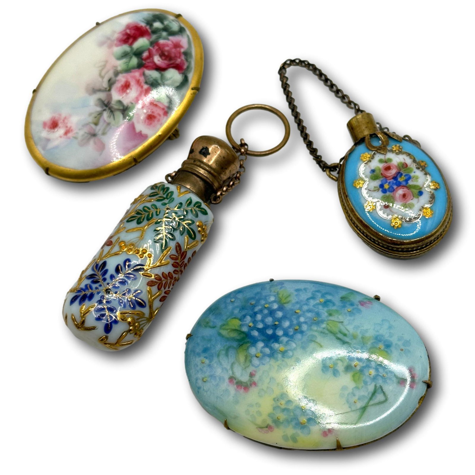 Glass & Porcelain Snuff/Perfume Bottles and Brooch Pins (1 of 7)