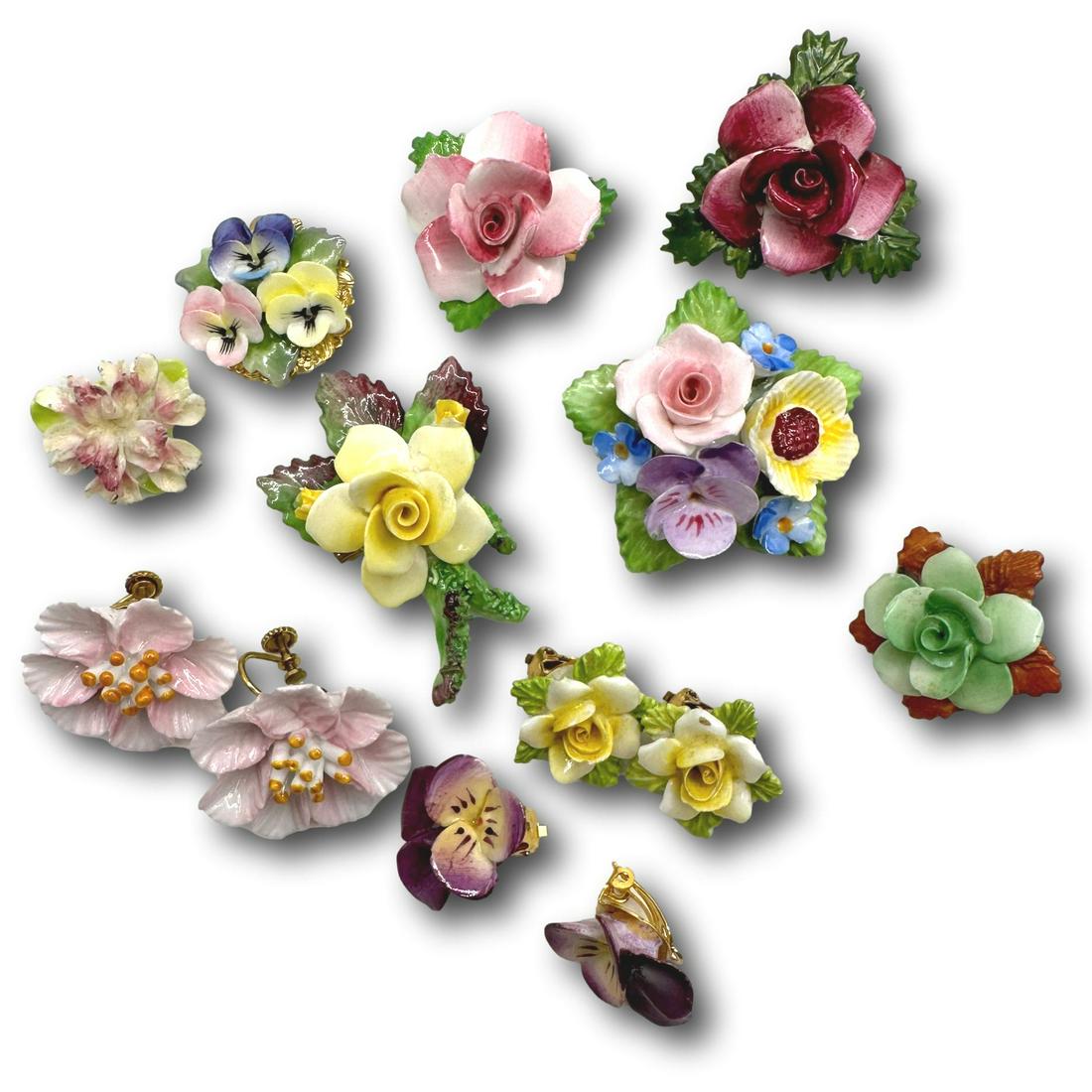 Made in England Porcelain Flower Pins & Earrings Lot (1 of 15)