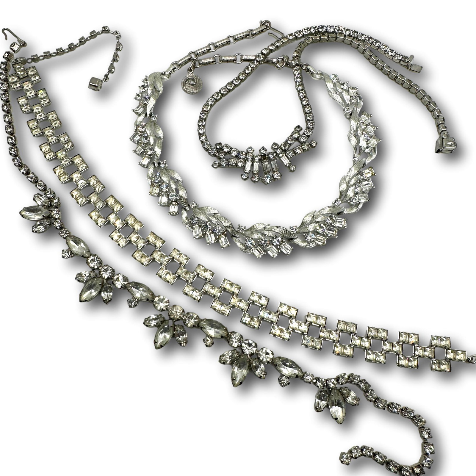 Lisner Rhine Stone Choker with Complimenting Unmarked Beauties: Not all pieces are marked. See photos for marked jewelry. All measure approximately 15". Lisner choker is second from the top. PICKUP AND SHIPPING Local pickup is available in Glenview, IL by appointm