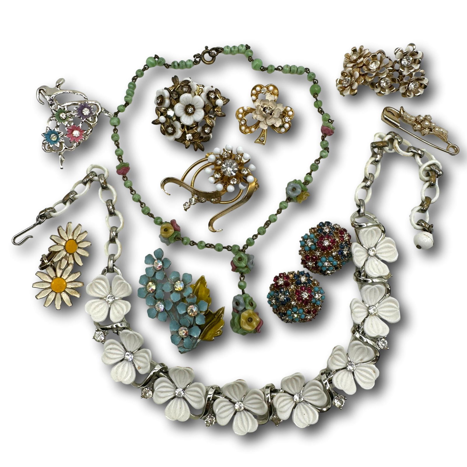 Coro, Lisner, Ciner, Austrian and Others Vintage Jewelry Lot: Not all pieces are marked. See photos for marked jewelry. Smaller necklace at top measures 12"L. White flower necklace measures 15 1/2"L. PICKUP AND SHIPPING Local pickup is available in Glenview, IL