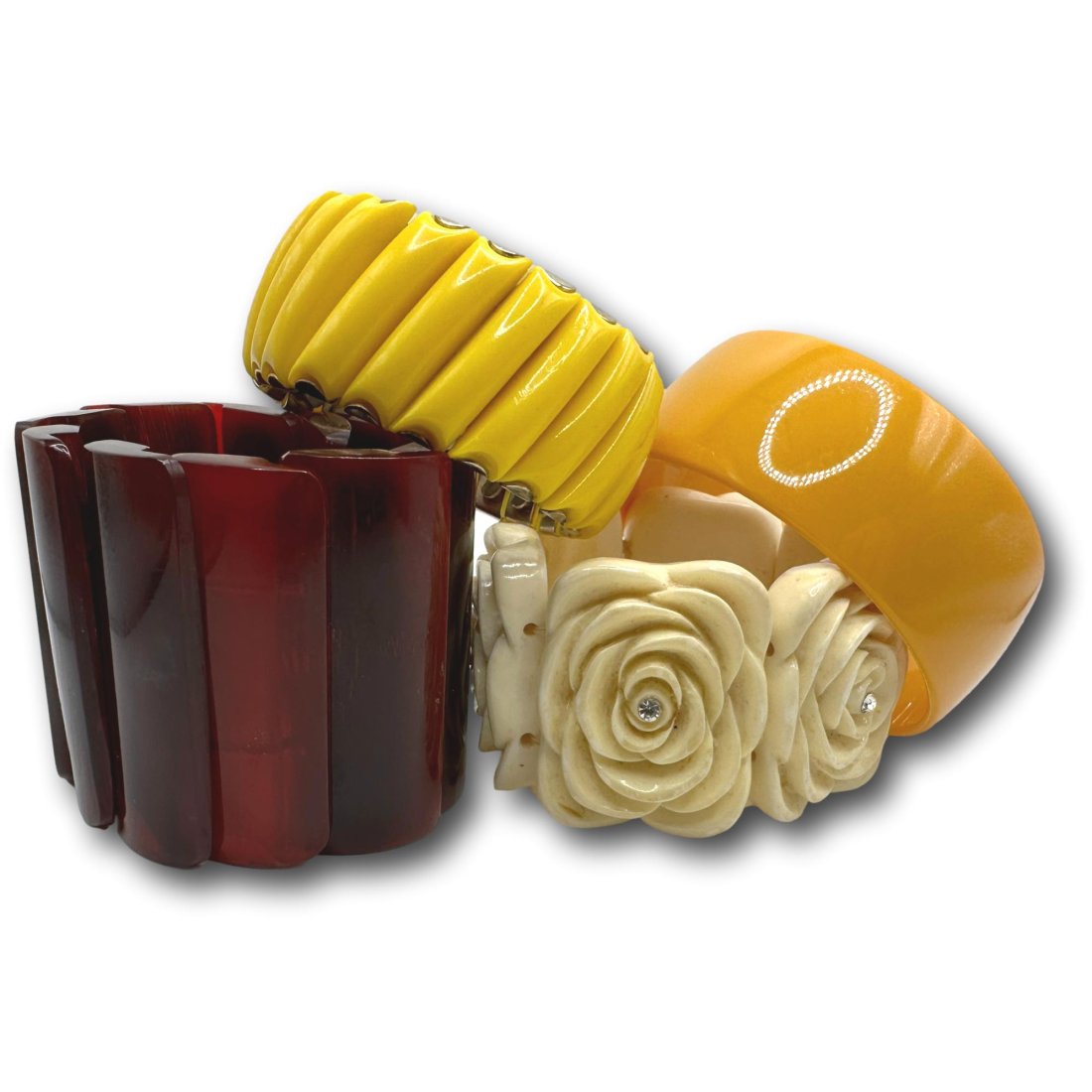 Lucite and Celluloid Bracelet Lot: Red bracelet needs to be restrung. PICKUP AND SHIPPING Local pickup is available in Glenview, IL by appointment. The address will be provided on your invoice at checkout. In-House shipping is availabl