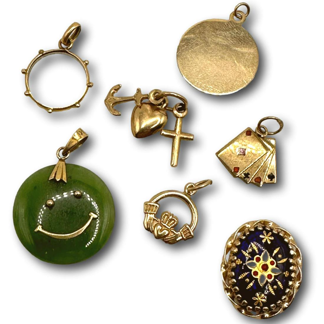 Charming Charms Collect in 14K Gold: Charms weigh 5.8 grams, excluding the jade happy face and clear porthole charms which are nominal. Not all pieces are marked. See photos for marked jewelry. PICKUP AND SHIPPING Local pickup is availab