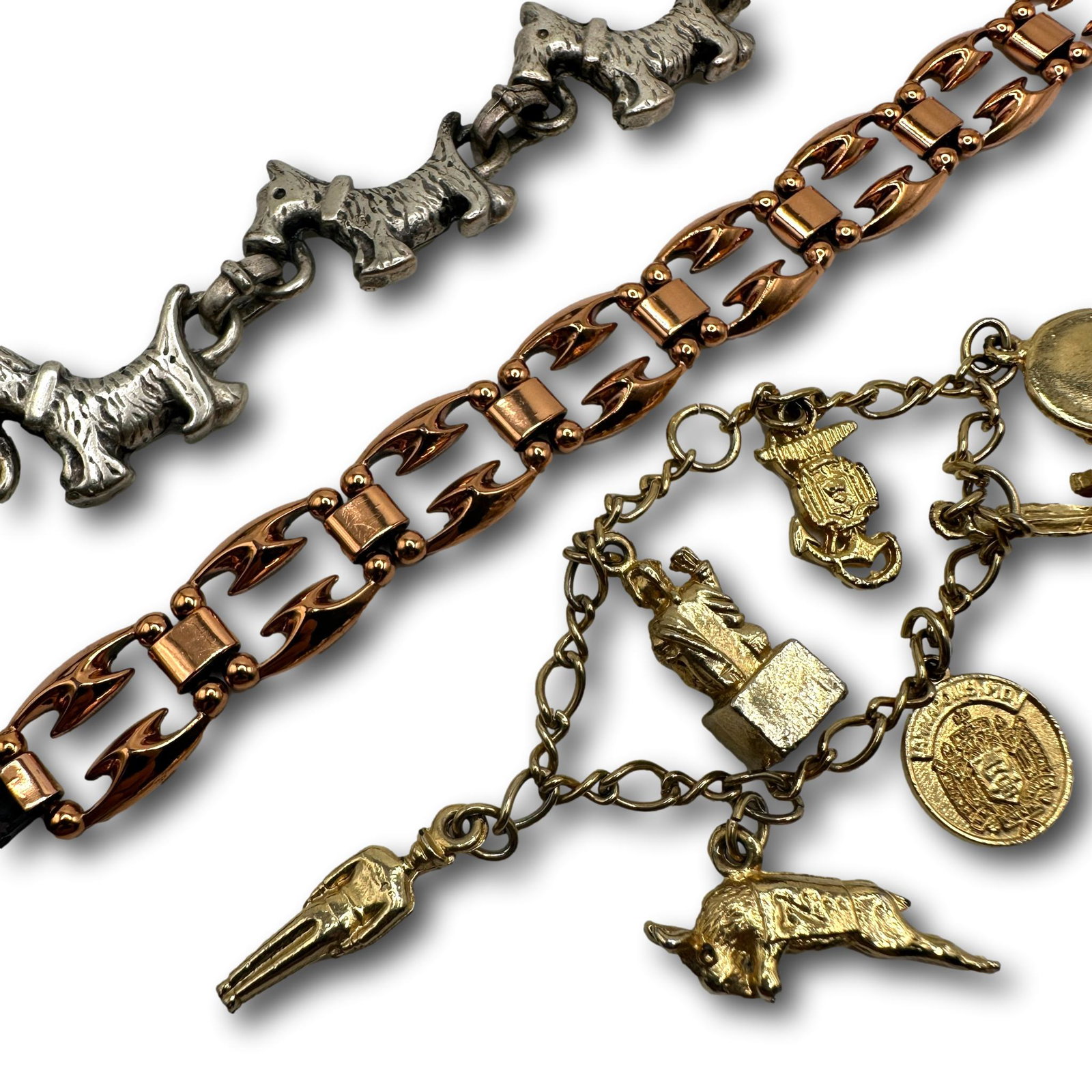 Vintage Novelty Bracelets with a Renoir Copper Piece: There is no clasp on the gold tone bracelet. Not all pieces are marked. See photos for marked jewelry. PICKUP AND SHIPPING Local pickup is available in Glenview, IL by appointment. The address will be