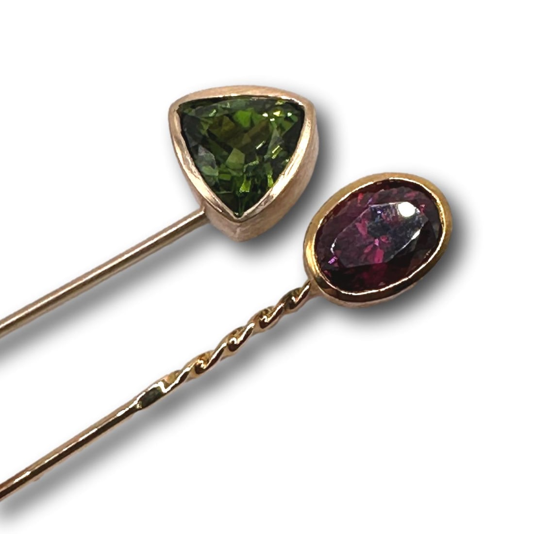 A Pair of 14K Brushed Gold Rhodolite Garnet & Green Tourmaline Stick Pins: Total weight is 6.2 grams. PICKUP AND SHIPPING Local pickup is available in Glenview, IL by appointment. The address will be provided on your invoice at checkout. In-House shipping is available for th