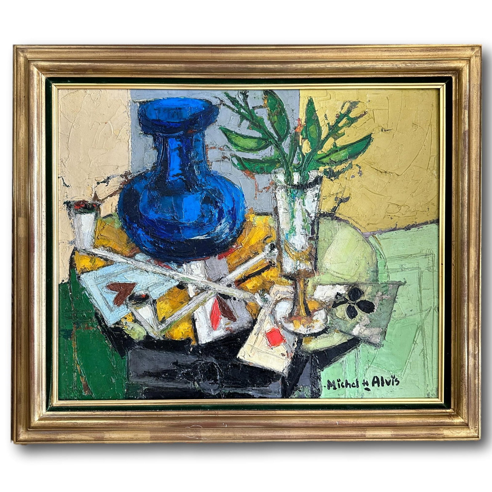 Michel de Alvis "As de Trefle" Mid Century Oil on Canvas: Measures 25"H x 30"W x 2"D. Translates to "Ace of Clubs". PICKUP AND SHIPPING Local pickup is available in Glenview, IL by appointment. The address will be provided on your invoice at checkout. SELF-A