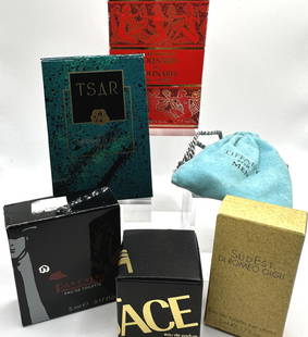 Versace, Romeo Gigli, Tiffany, Molinard, Van Cleef & Arpels, Pancaldi - Lot of 6 Minis with Boxes: A collection of famous scents in miniature bottles with their original boxes. Perfumes and powders may not smell the same as they did when they were first created due to chemical changes over time