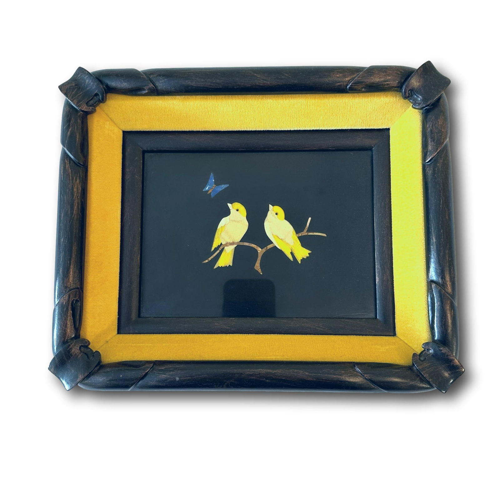 Vintage Pietra Dura Stone Mosaic Birds in Carved Wood Frame: Frame measures 11" wide by 9" tall by 2" deep. Most items are used or vintage and may show wear commensurate with age and use. Please inspect photos carefully as they are a part of the description. PI