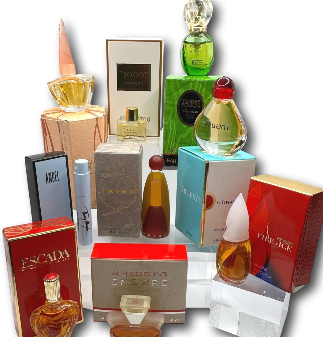 Tiffany, Escada, Dior, and More Mini Perfume, EDT and EDP: Collection includes Jean Patou 1000, Christiann Dior Tendre Poison, Tiffany Trueste, Callaghan Lilith, Revlon Fire and Ice, Alfred Sung Encore, Benetton Tribu, Escada, and Thierry Mugler Angel. Most i