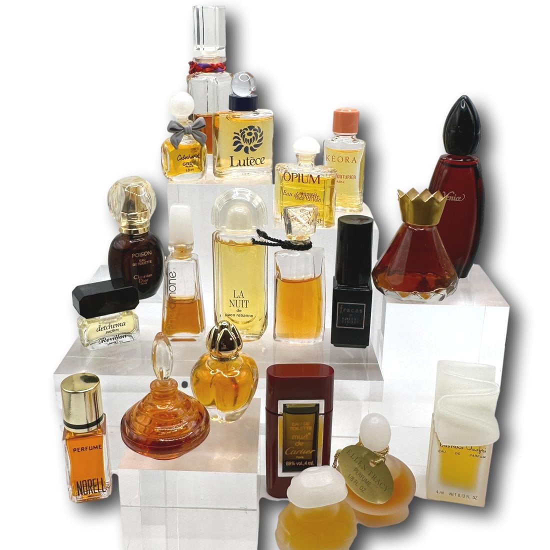 Opium, Poison, La Nuit, Cartier and More Perfume Minis, EDT and EDP: Collection includes Detchema, Norell, Ellen Tracy, Poison, La Nuit, Opium, Cartier, Lutece, Keora, Cabochard, Tristano Onofri, Pheromone, Fracas de Robert Figuet, Venice, and more. No boxes. Most item
