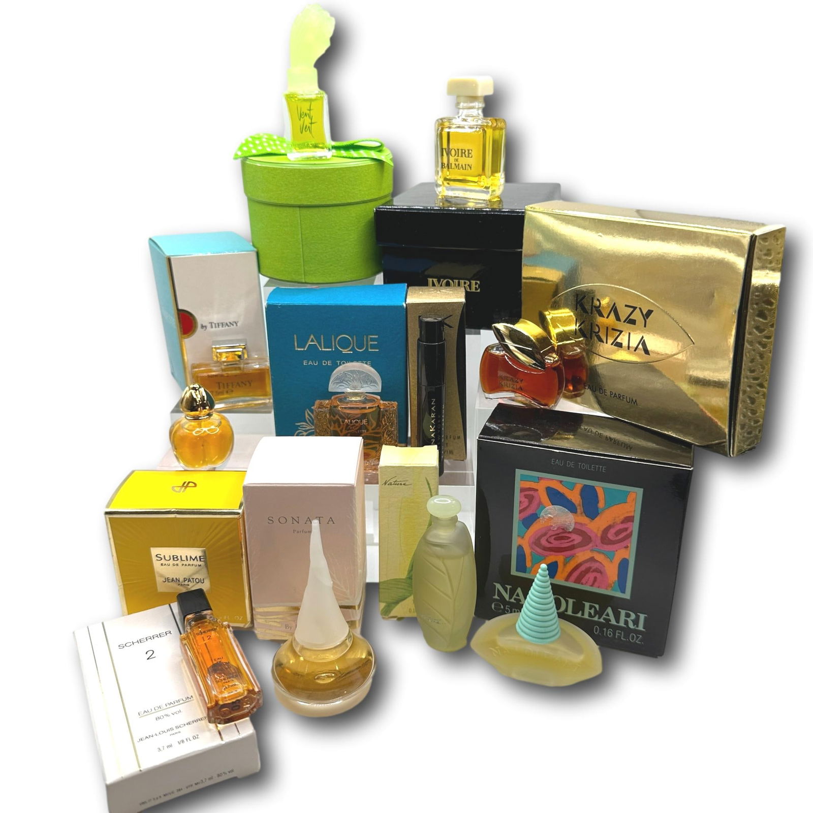 Lalique, Tiffany, Krizia, Balmain and More Perfume Minis, EDT and EDP: Collection includes Vent Vent, Ivoire, Donna Karan, Tiffany, Lalique, Krizia, Nature, Sublime, Sonata, Scherrer 2, Naj Oleari. Most items are used or vintage and may show wear commensurate with age an
