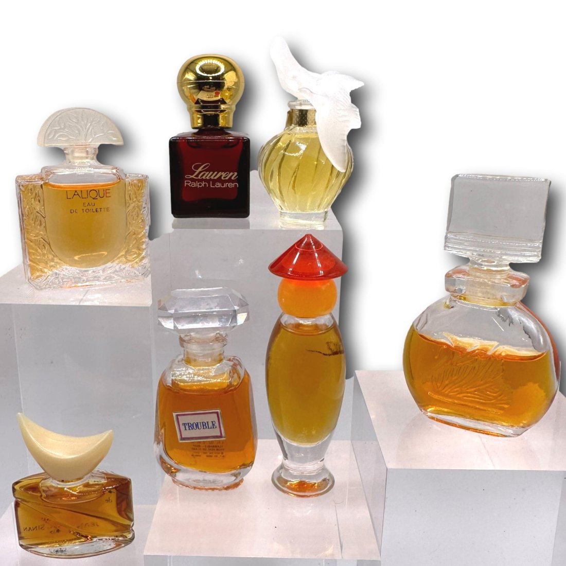 Vintage Perfume EDT EDP Miniatures Including Lalique and Lauren: Collection includes, Lauren, Lalique, L'air du Temps, Trouble, and more. No boxes. Most items are used or vintage and may show wear commensurate with age and use. Please inspect photos carefully as th