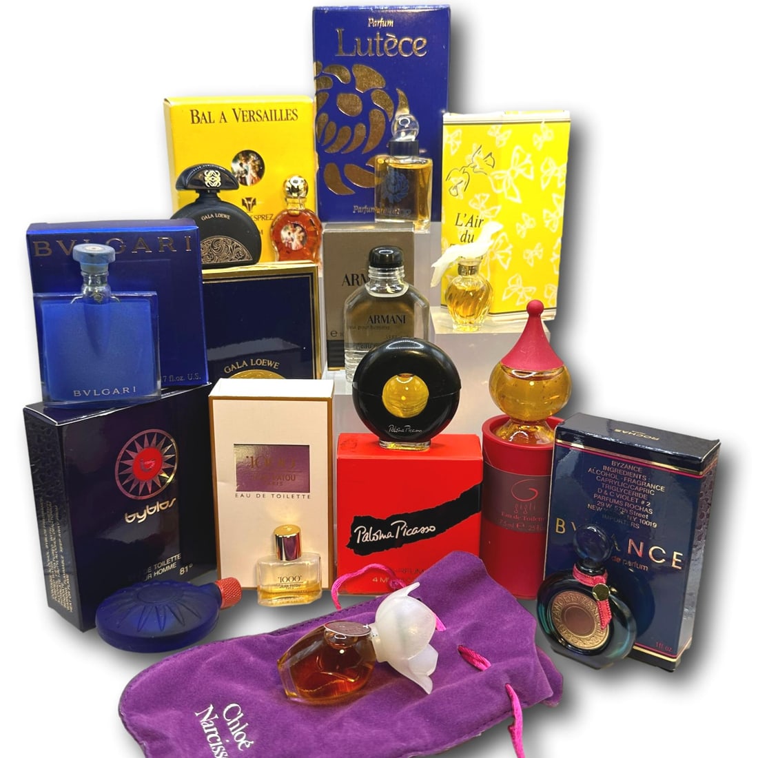 Perfume EDT and EDP Miniatures including Picasso, Armani, Nina Ricci Chloe and More: Collection includes: Bvlgari BLV, Chloe Narcisse, Lutece, Gigli, Bal a Versailles, Byzance, Gala Loewe, L'Air du Temps, Byblas, Armani, Jean Patou 1000, and Palona Picasso. Most items are used or vint
