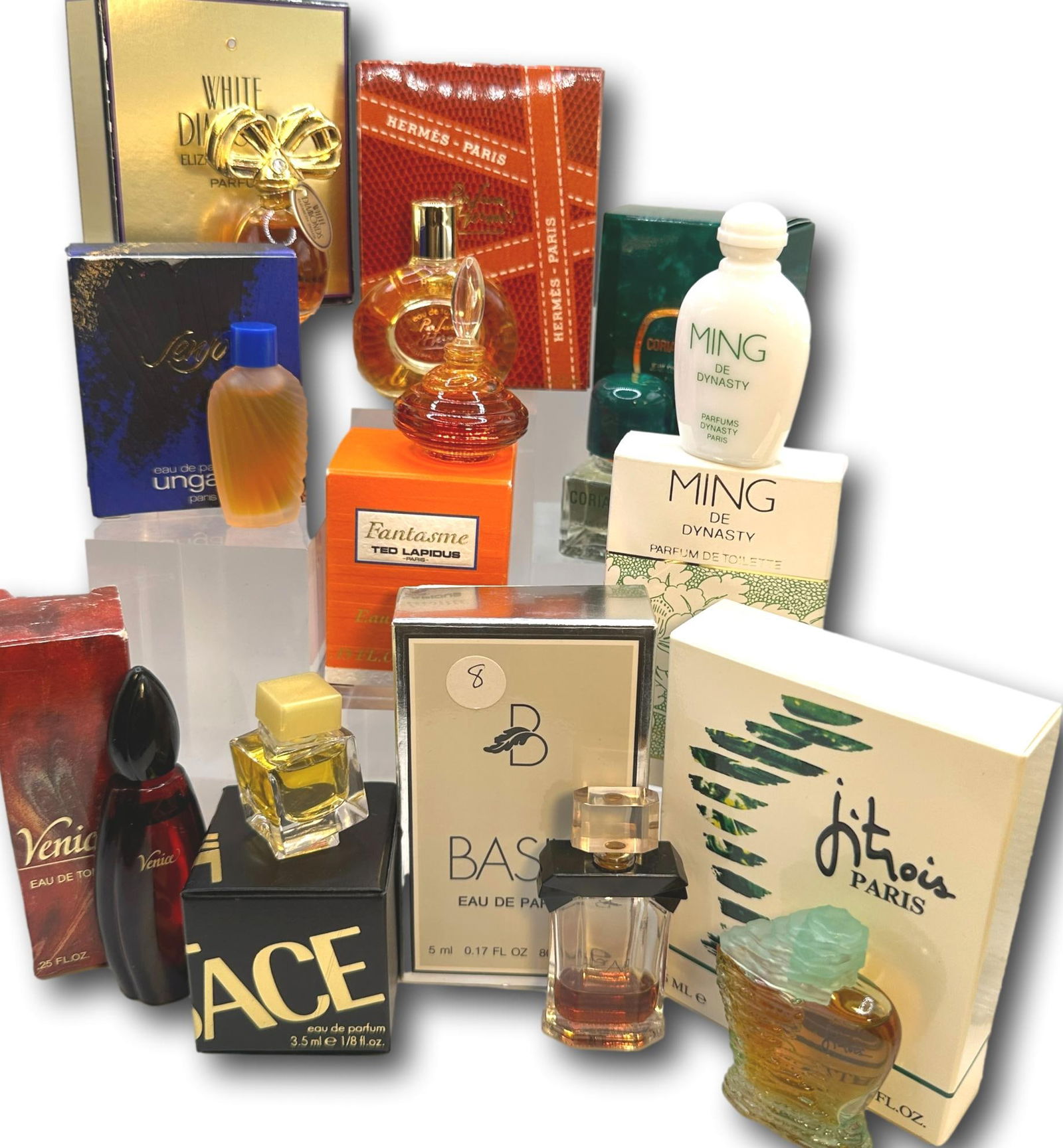 Hermes, Versace, Ungaro, Lapidus, & More Perfume, EDT, EDP Miniatures: Most items are used or vintage and may show wear commensurate with age and use. Please inspect photos carefully as they are a part of the description. Perfumes and powders may not smell the same as th