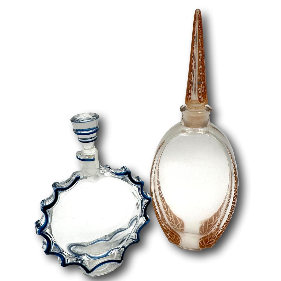 Rene Lalique Renaud and Worth Requette Perfume Bottles (Damage): Damage to the neck of both bottles and one of the stoppers. See photos for details. Most items are used or vintage and may show wear commensurate with age and use. Please inspect photos carefully as t