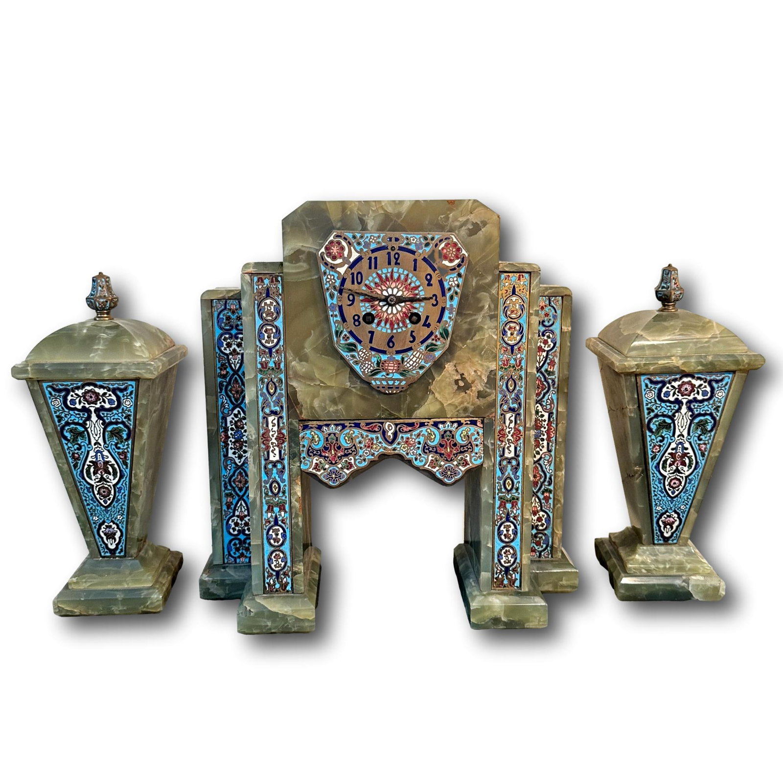 Art Deco Champleve Enamel and Marble 3-Piece Clock Set (1 of 16)