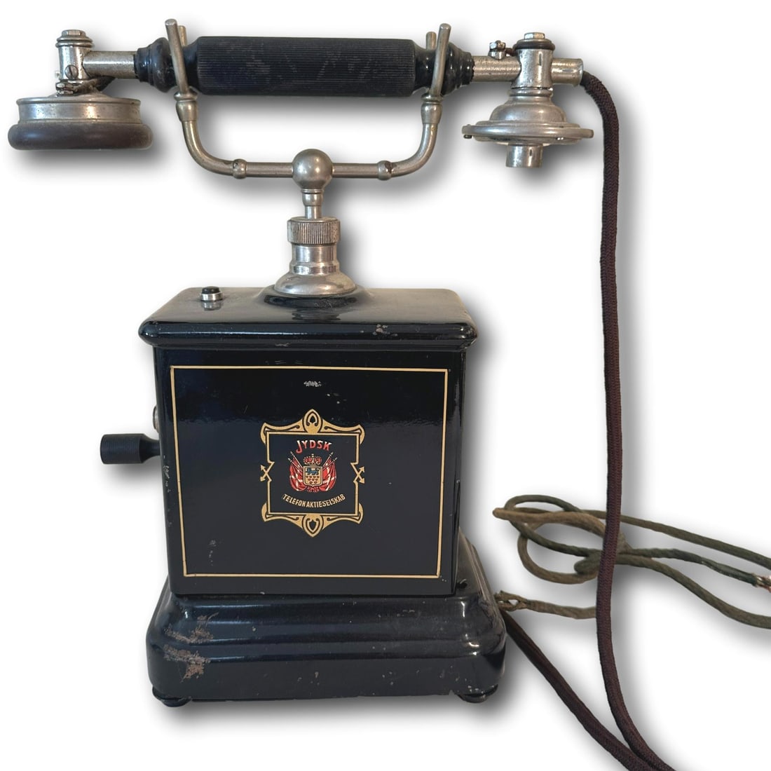 Antique Telephone: Telephone box is askew on the base. Wiring shows heavy wear, mouthpiece missing pads. General wear with some paint loss. Measures 13" tall to the top of the cradle. See photos for details. Most items