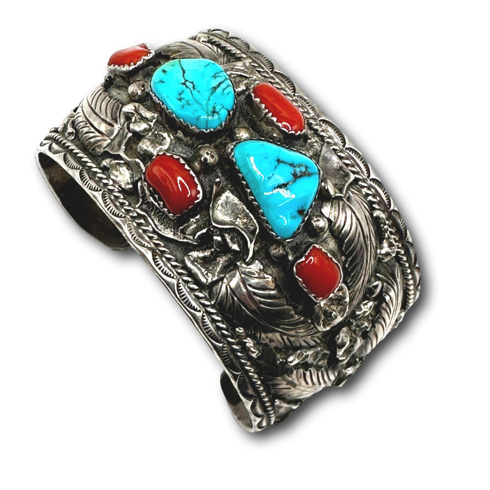 Navajo Sterling Silver C. Lee Signed Turquoise & Coral Cuff Bracelet (1 of 13)