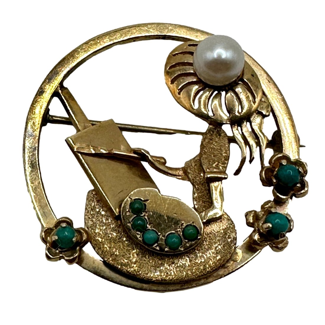 Vintage 14K Gold Figural Brooch of Artist Painting Scene (1 of 2)