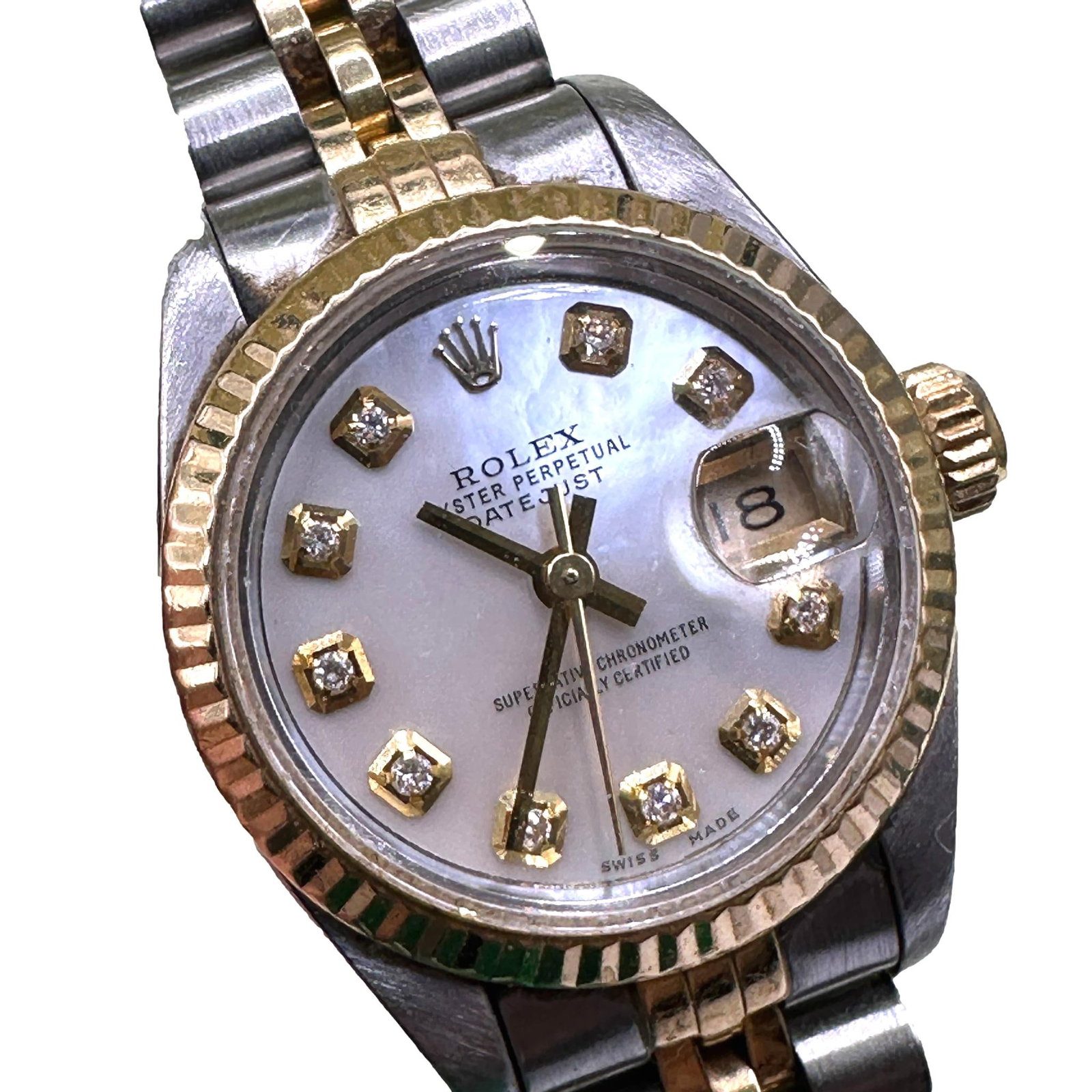 Rolex Ladies Oyster Perpetual Datejust with Box, Receipt, & Appraisal: Timepiece comes with original box, guarantee certificate, receipt of purchase, and appraisal. Watch shows normal wear commensurate with age and use and is in working order at the time of this listing.