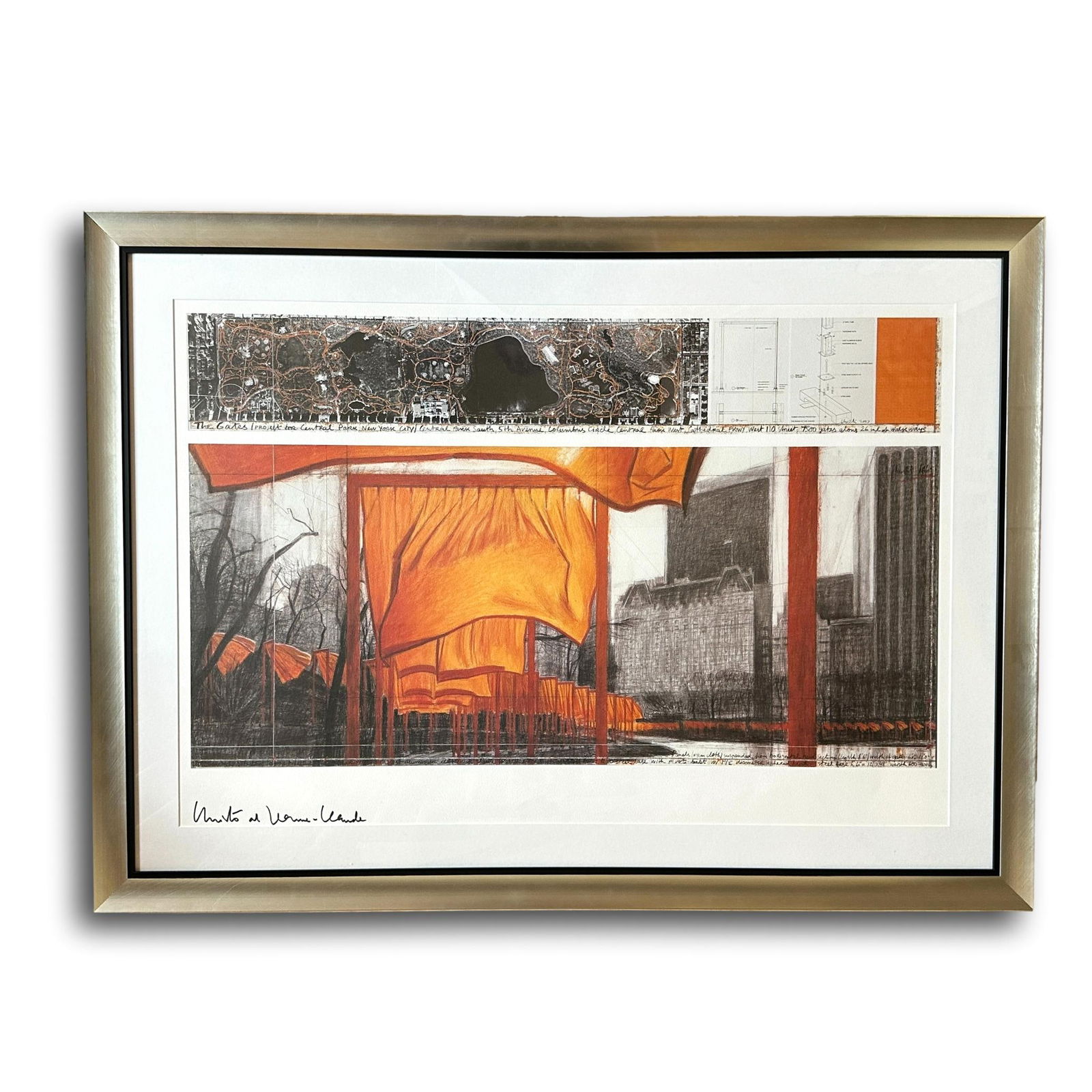 Christo and Jeanne-Claude "The Gates" Lithograph: Printed signature only. Framed measures 34 1/2" tall x 47" wide. The scale of the artwork in the room scene is an approximation. Nearly thirty years after the artists Christo and Jeanne-Claude first c