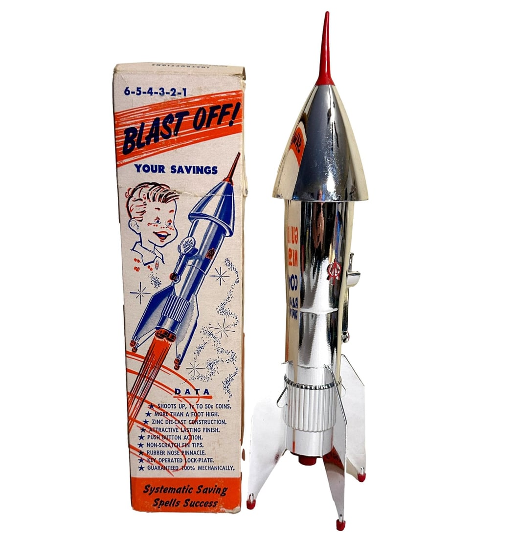 Like New Vintage Guided Missile Rocket Mechanical Coin Bank in Original Box (1 of 7)