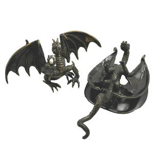 Honeck Signed & Numbered Dragon Sculpture & Door Knocker: Door knocker measures 7 1/2" L x 4"W. Sculpture measures 6 1/2" W x 3" H approximately. Please note lots may show signs of wear commensurate with age and use, and the lack of a statement regarding con