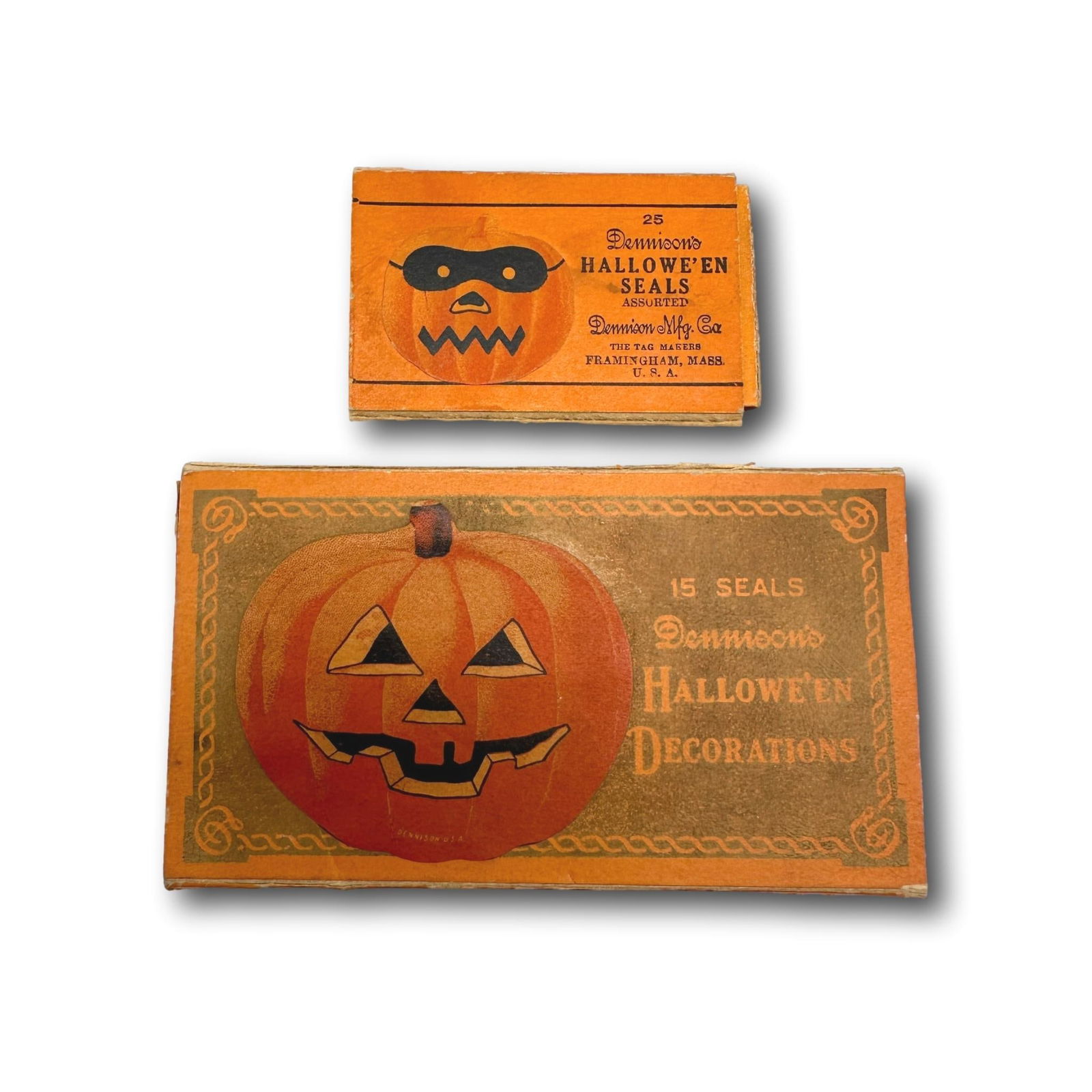 Vintage Dennison Halloween Assorted Pumpkin Gummed Seals Stickers: Low Estimate $100 - High Estimate $200. A total of 12 small pumpkin stickers and two larger pumpkin stickers. All lots in this auction come from a lifetime of collecting Halloween and Christmas memora