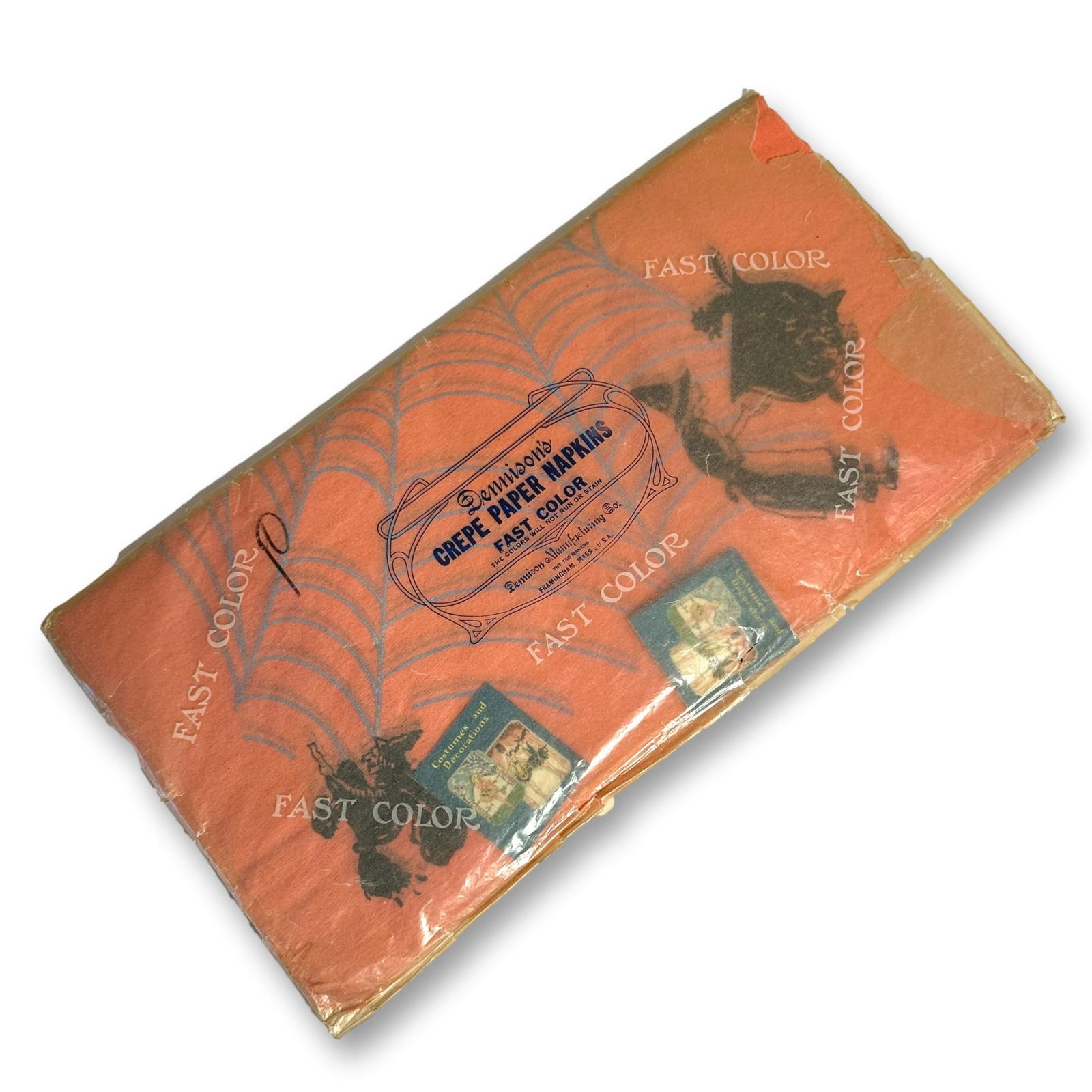 Vintage Dennison Sealed Package of 18 Halloween Crepe Paper Napkins: Low Estimate $100 - High Estimate $200. Package measures 14" x 7 1/2". All lots in this auction come from a lifetime of collecting Halloween and Christmas memorabilia. Our collector has amassed some o