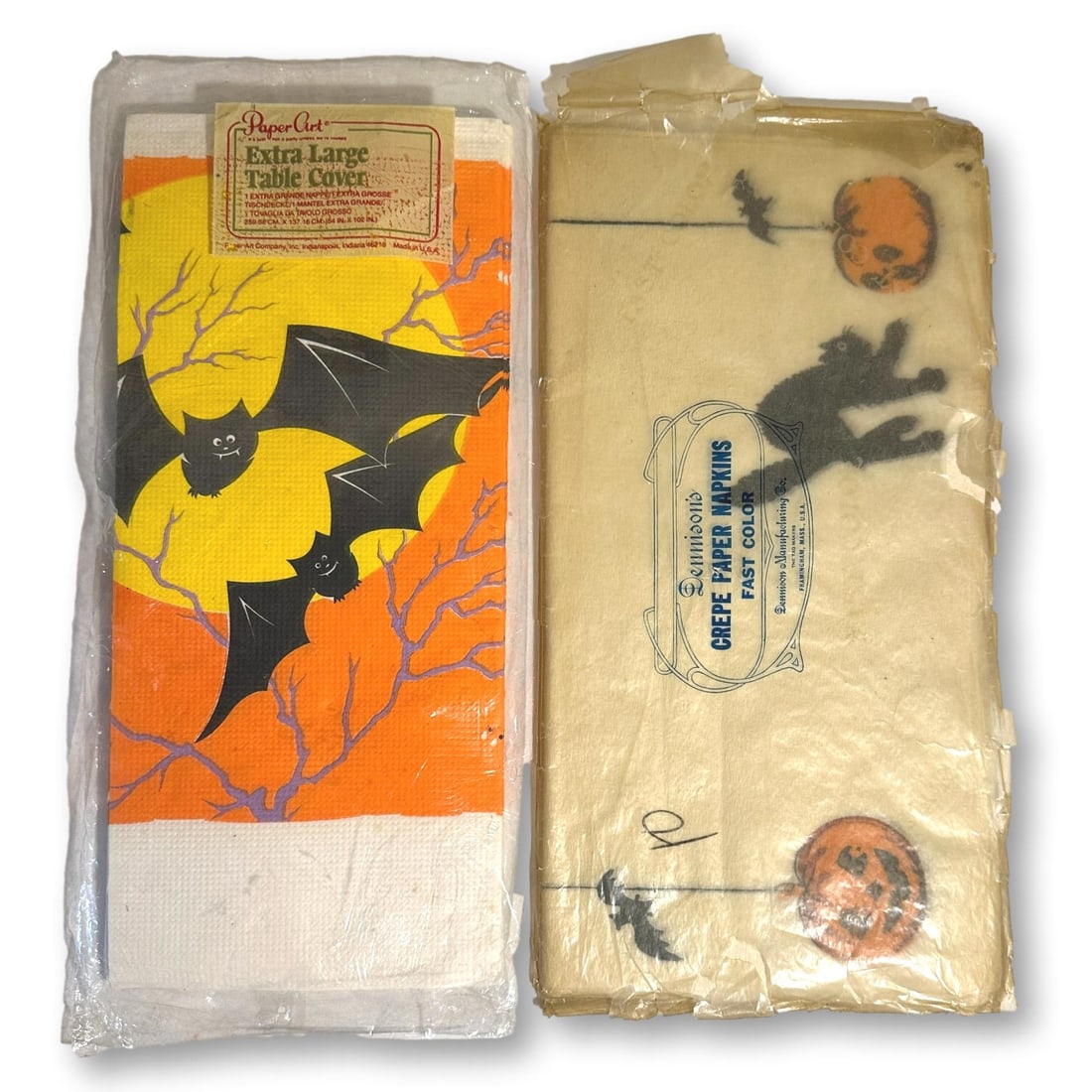 Unused Package of 18 Dennison Halloween Crepe Paper Napkins with Paper Art Table Cover: Low Estimate $100 - High Estimate $200. Paper Art table cover measures 54" x 102". Dennison napkin package measures 14" x 7 1/2". All lots in this auction come from a lifetime of collecting Halloween