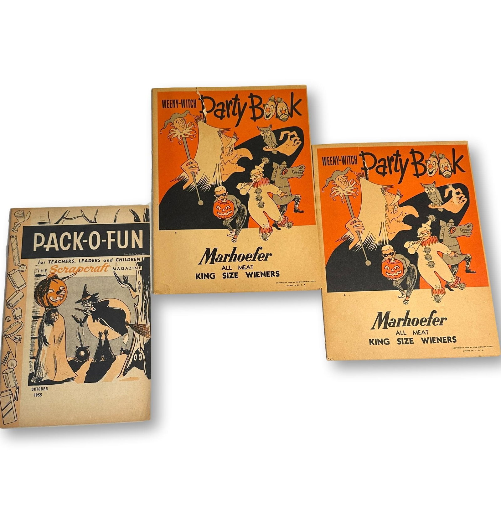 Lot of 3 1950's Halloween Weenie-Witch and Scrapcraft Party Craft Booklets: Low Estimate $100 - High Estimate $200. All lots in this auction come from a lifetime of collecting Halloween and Christmas memorabilia. Our collector has amassed some of the rarest and hard to find i