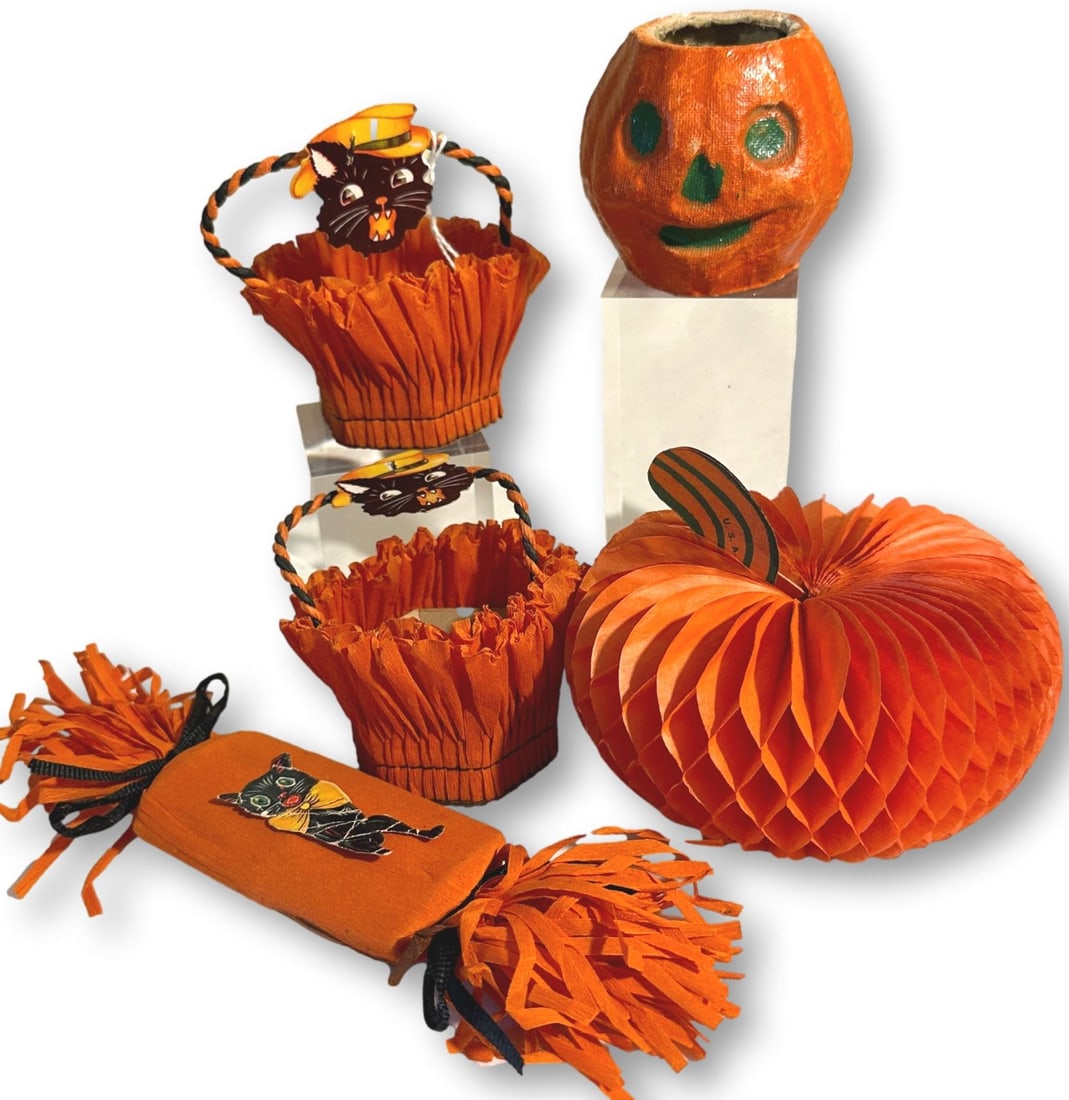 Vintage Halloween Crepe Paper Reed Nut Candy Cups, Papier Mache Pumpkin and Decorations (1 of 10)