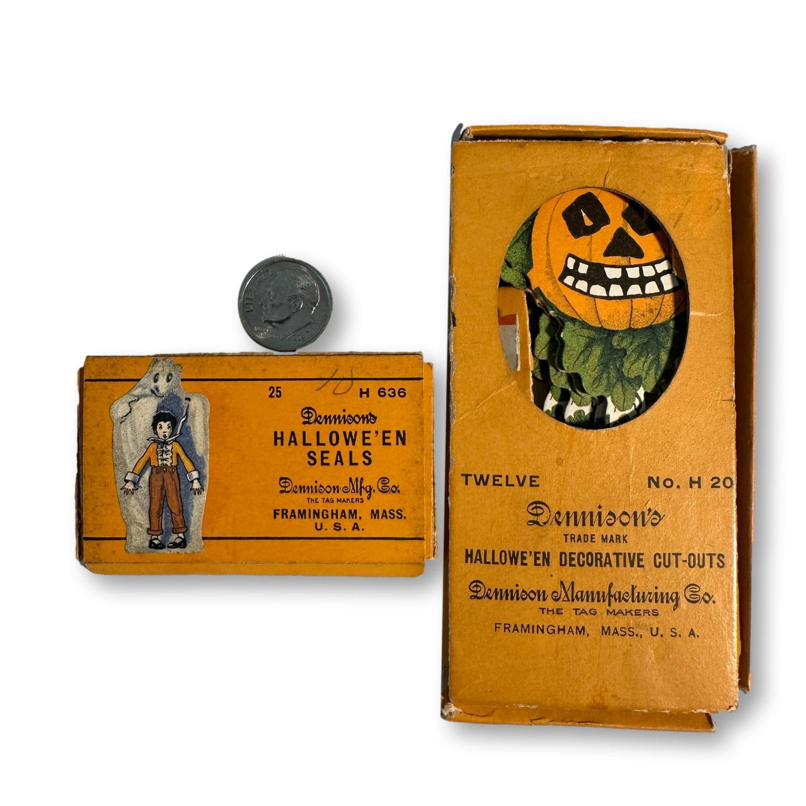 Dennison's Boy and Ghost Seals plus Pumpkin Head Decorative Cutouts: Includes 17 boy with ghost seals. High Estimate 200 - Low Estimate 100. All lots in this auction come from a lifetime of collecting Halloween and Christmas memorabilia. Our collector has amassed some