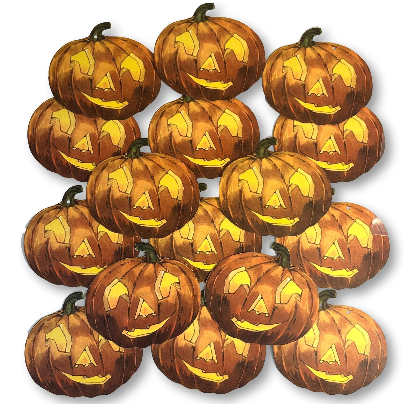 Sixteen Piece Jack-O-Lantern Halloween Decorations: Each measures 5" tall. All lots in this auction come from a lifetime of collecting Halloween and Christmas memorabilia. Our collector has amassed some of the rarest and hard to find items spanning ove