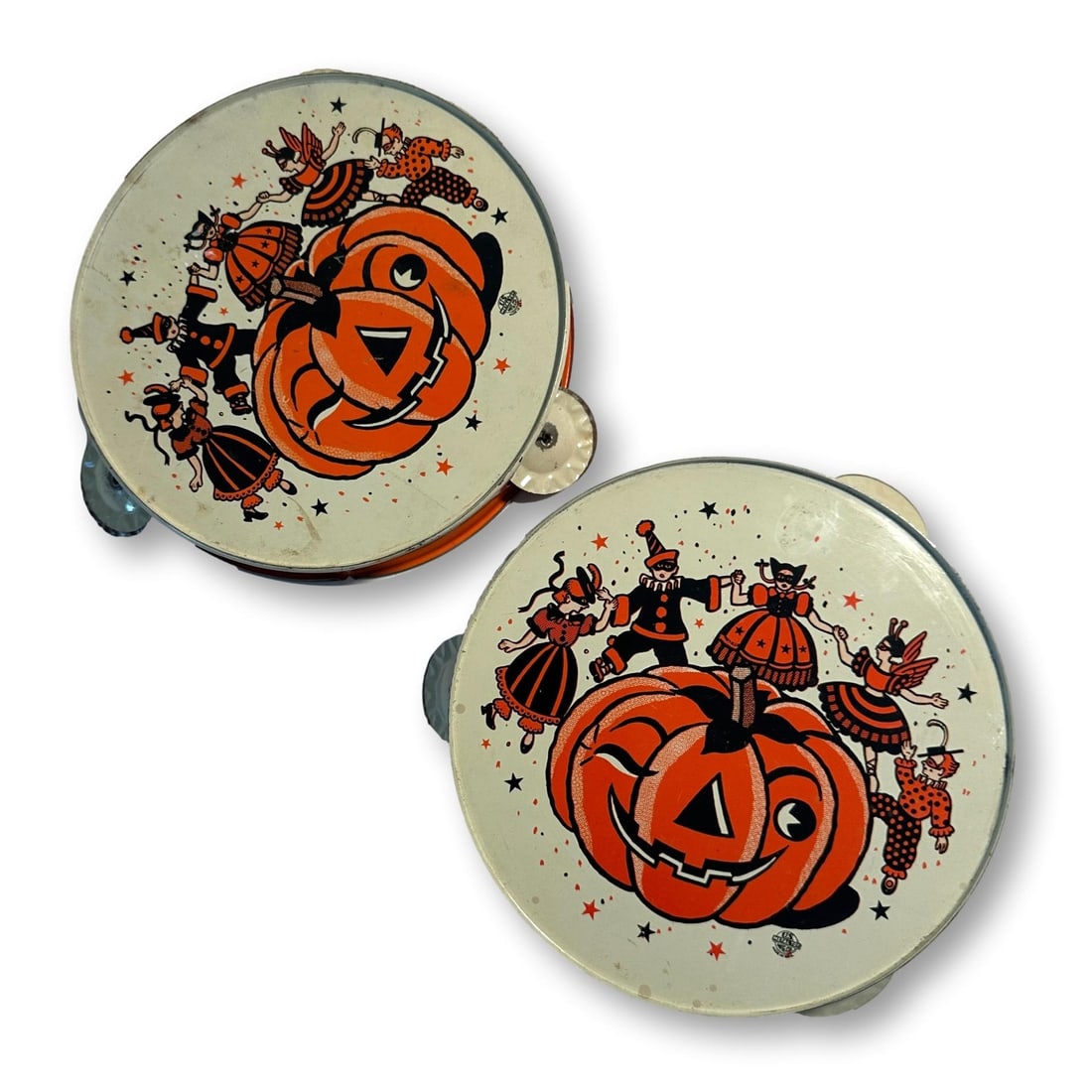 Pair of US Metal Toy Mfg. Co Halloween Tambourines: Each measures approximately 6" in diameter. All lots in this auction come from a lifetime of collecting Halloween and Christmas memorabilia. Our collector has amassed some of the rarest and hard to fi