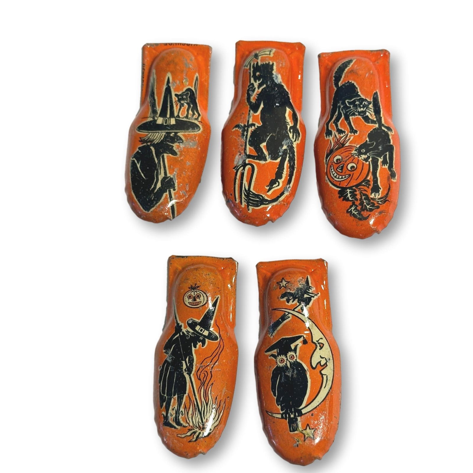 Set of 5 Kirchhof Metal Halloween Noise Makers: All lots in this auction come from a lifetime of collecting Halloween and Christmas memorabilia. Our collector has amassed some of the rarest and hard to find items spanning over 150 years of holiday
