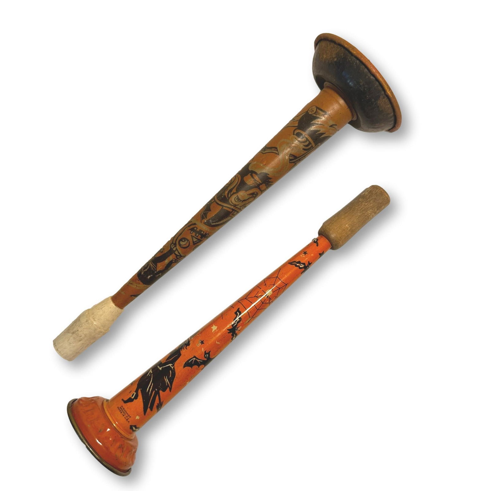 Pair of Vintage Halloween Horn Noise Makers: Horns measure approximately 9" tall. All lots in this auction come from a lifetime of collecting Halloween and Christmas memorabilia. Our collector has amassed some of the rarest and hard to find item