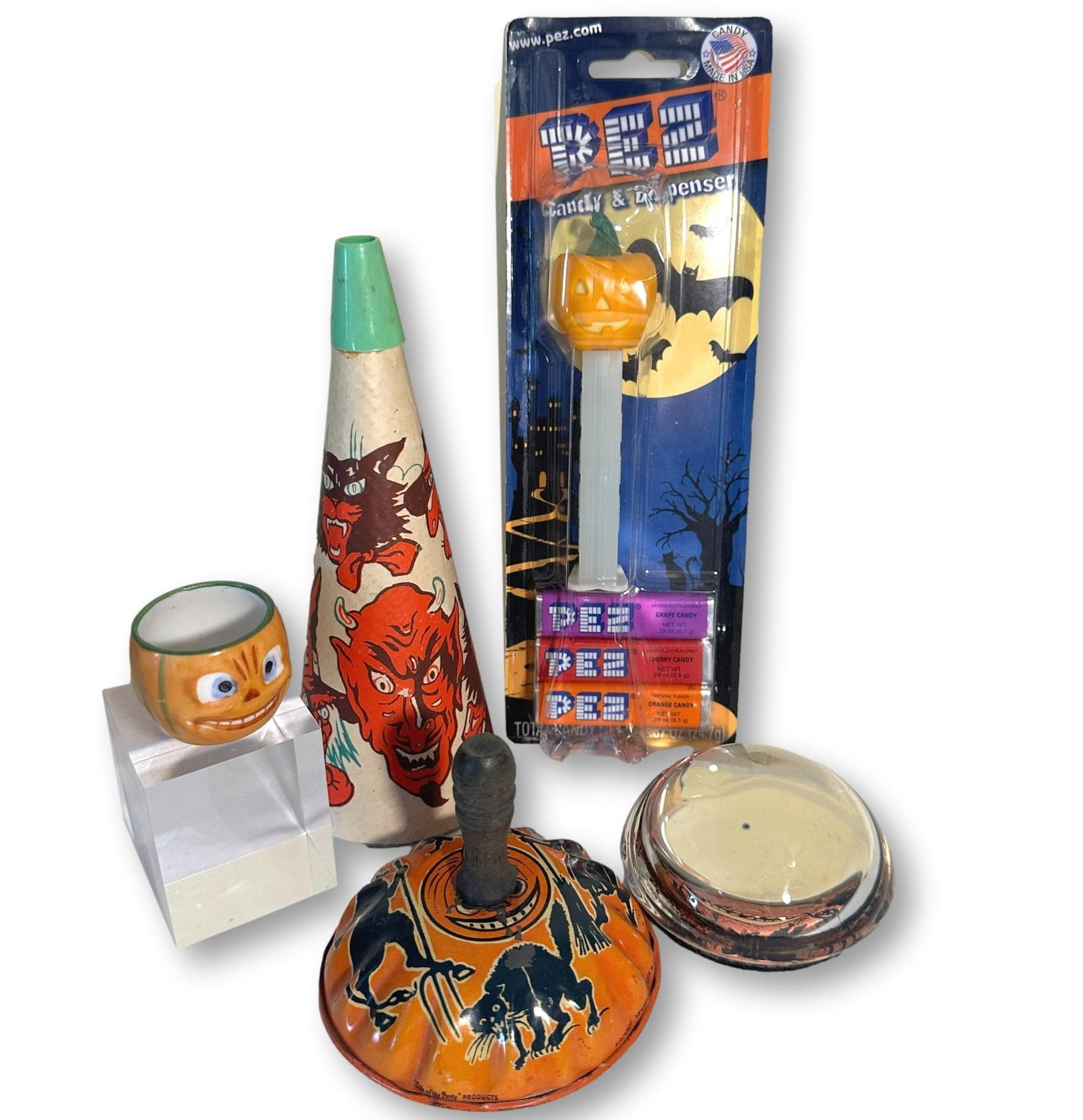 Lot of Fun Halloween Novelties Including German Porcelain Jack-O-Lantern: All lots in this auction come from a lifetime of collecting Halloween and Christmas memorabilia. Our collector has amassed some of the rarest and hard to find items spanning over 150 years of holiday