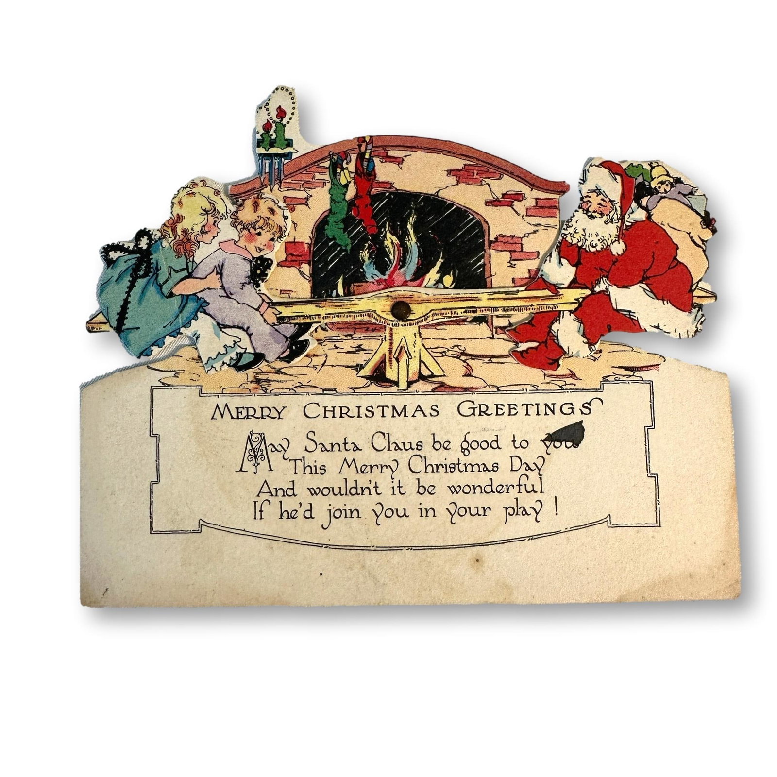 Rust Craft Boston Mechanical See-Saw Christmas Card: Measures 5" long x 3 1/2" tall. All lots in this auction come from a lifetime of collecting Halloween and Christmas memorabilia. Our collector has amassed some of the rarest and hard to find items spa