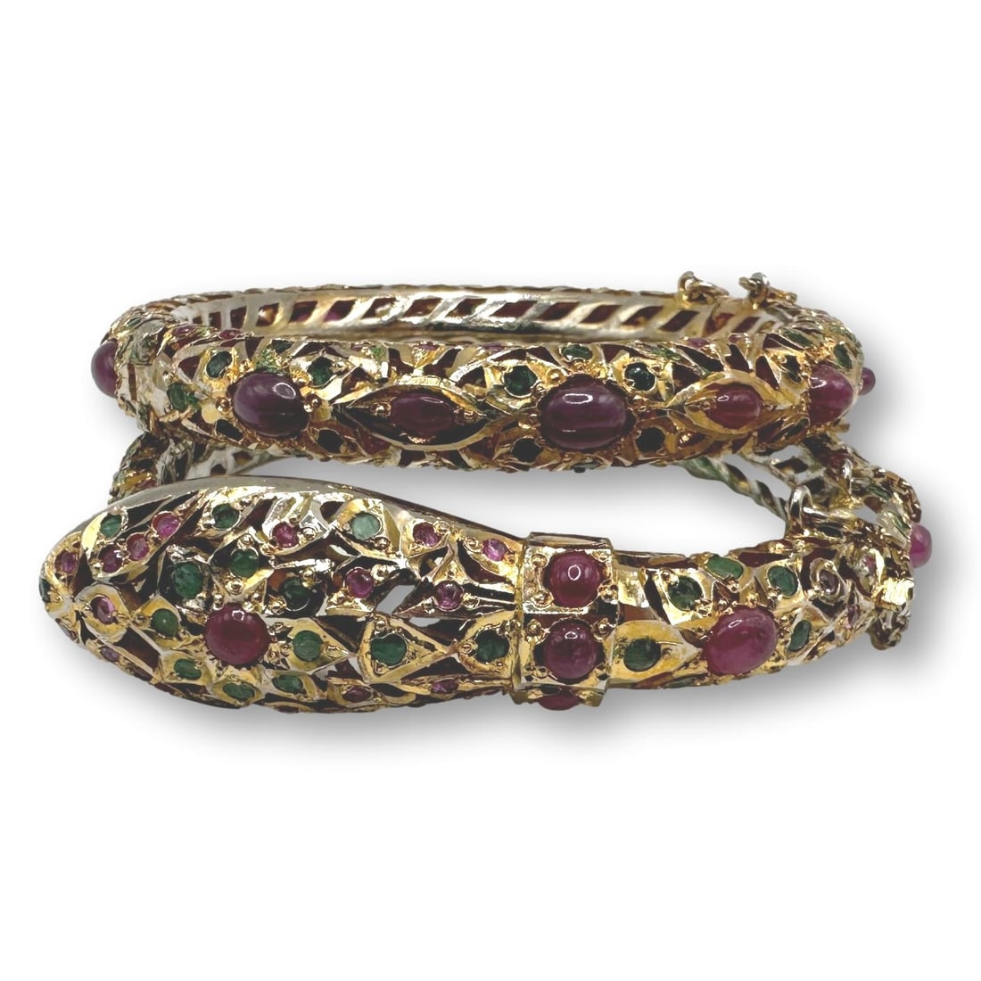 Vintage Pair of Ruby and Emerald Hinged Bangle Bracelets (1 of 17)