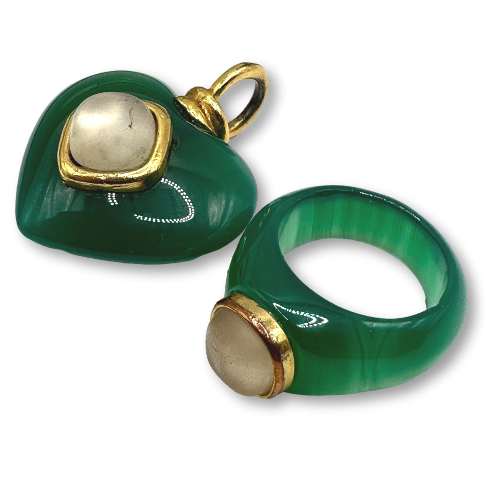 Emerald Green Glass Ring and Heart Pendant: Ring size 8 1/2. Tiny chip to inner rim of ring. Refer to photos for additional condition information as they are a part of the description. Please note lots may show signs of wear commensurate with a